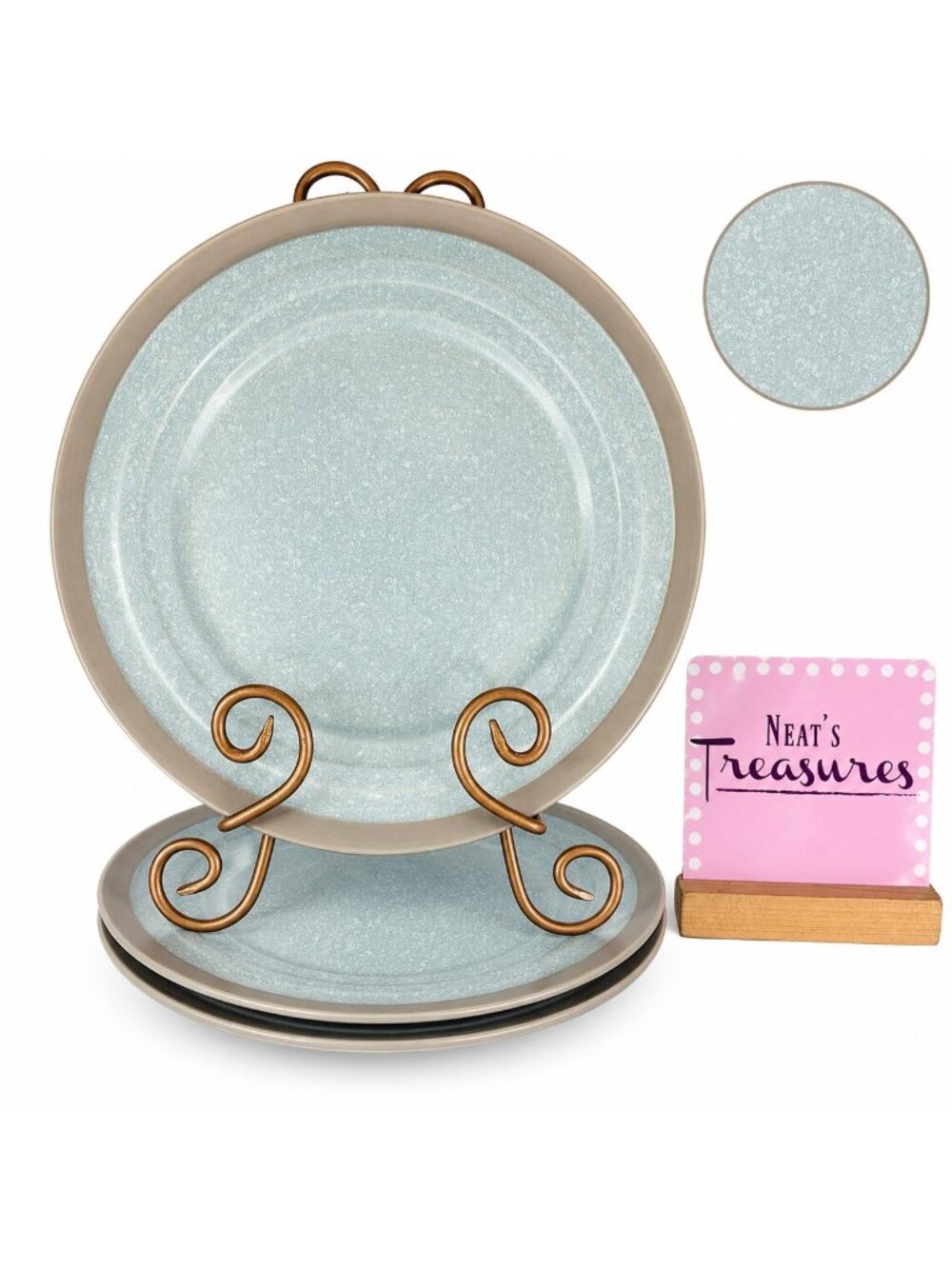 Baum Brothers HARPER Mist Blue Speckled Grey Band Embossed Dinner Plates Set 3